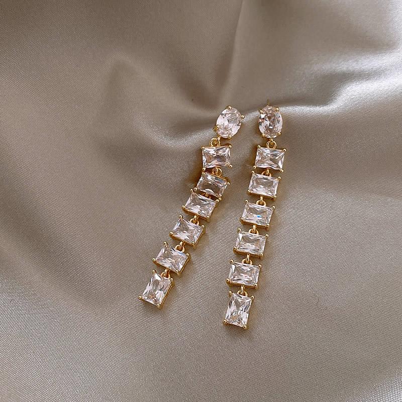 14K Real Gold Plating Korea  Fashion Jewelry Luxury Shiny Square Zircon Long Earrings Elegant Women Wedding Party Accessories