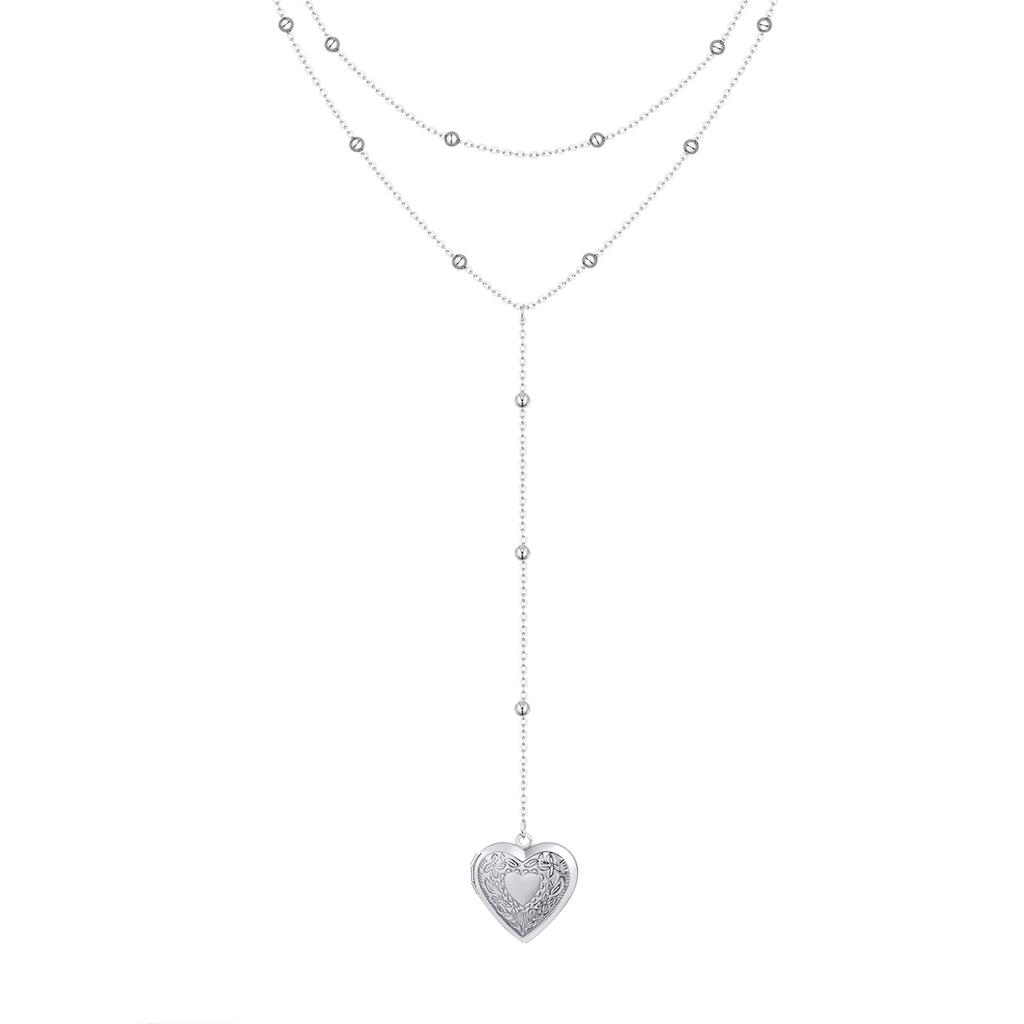 Women's Heart Locket Lariet Necklace, Adjustable Y-Shape Openable Pendant, Stainless Steel Gold Long Chain Fashion Jewelry