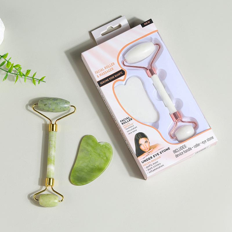 Heart-Shaped Rose Quartz Dual Roller & Massage Board Set - Non-Jade White Facial Tool