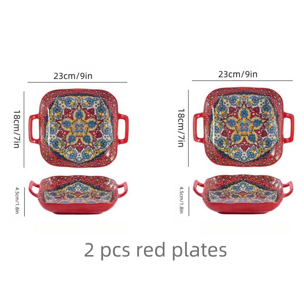 Hand-painted Bohemian Ceramic Baking Dish Square with Handles For Pasta and Desserts Suitable for Oven and Microwave.