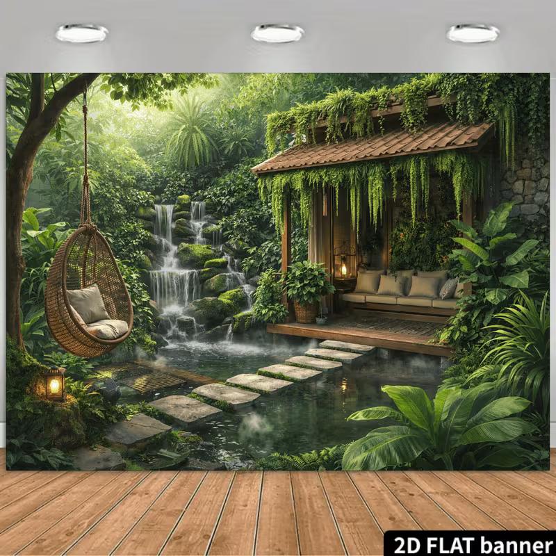 

2D Bali Retreat Backdrop Rainforest Waterfall Cozy Hut Portrait Studio Background 47.2x31.5inch/120*80cm