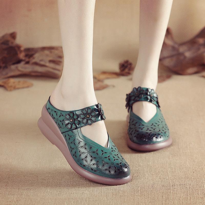 

Летняя женская обувь на платформе, сандалии без шнуровки, шлепанцы из натуральной кожи, дышащие шлепанцы, женские тапочки, обувь 2024, мягкая и удобная 38 зелёный