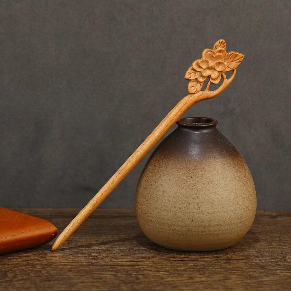 Peach Wood Double-Sided Carved Hairpin for Qipao Hanfu Updo - Ancient Style Accessory