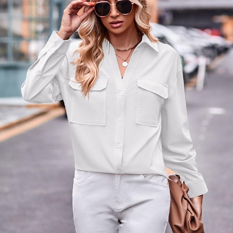 Damen Langarmhemd mit zwei Taschen Übergröße Einfarbig Lässig zum Knöpfen Bluse