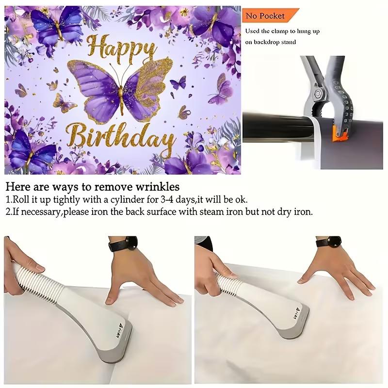 2D Purple Floral Butterfly Happy Birthday Backdrop Gold Accent Party Decoration Banner