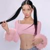 Square Neck Long Sleeve T-Shirts Women 2022 Fashion Cute Feather Top faux fur Sexy Y2K Crop Top Streetwear Tee Shirt femme