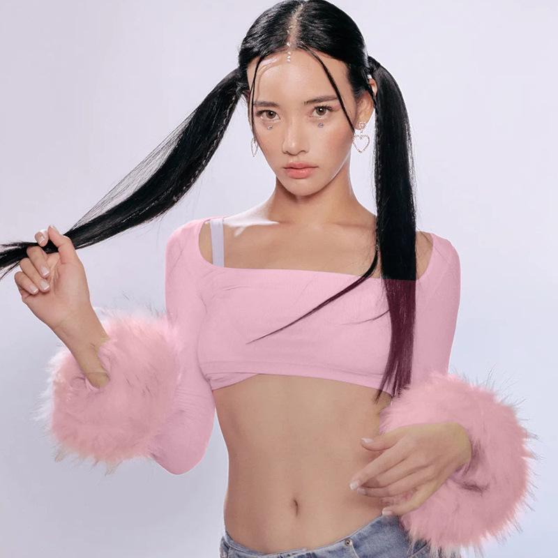 Square Neck Long Sleeve T-Shirts Women 2022 Fashion Cute Feather Top faux fur Sexy Y2K Crop Top Streetwear Tee Shirt femme