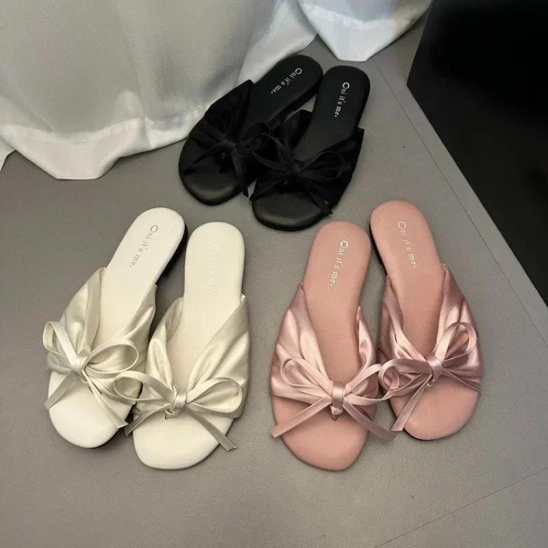 Fashion 2024 High Quality Shoes for Women Open Toe Women's Slippers Fashion Daily Slippers Women Bow Tie Round Toe Flat Ladies Shoes