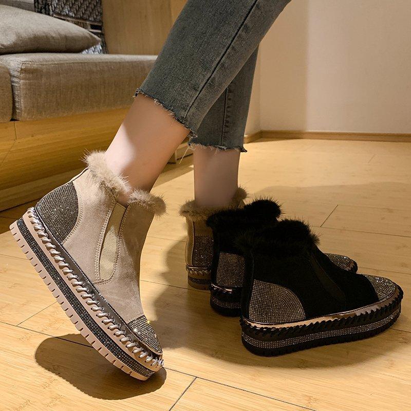 Fashion Aphixta Real Hair Warm Winter Crystals Shoes Woman Elastic Band Couple Chunky Sole Platform Big Size 44 Waterproof Ankle Boots