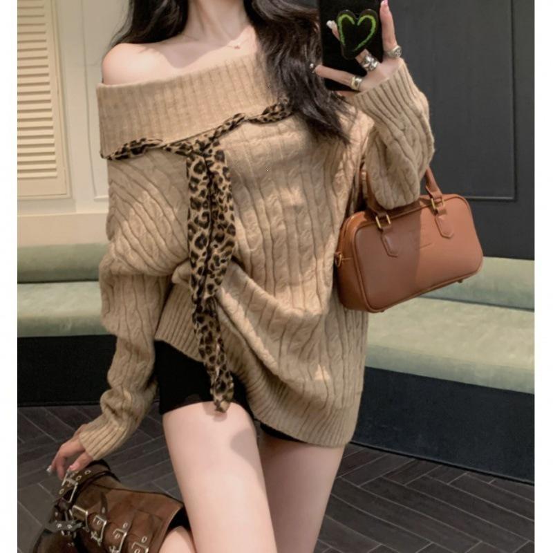 Korean Leopard Print Off-Shoulder Lace-Up Sweater - Women's Slim Fit Autumn/Winter Knitwear