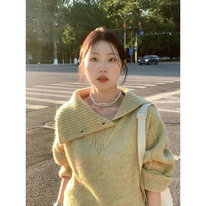 

French Style Gentle and Comfortable Yellow Large Lapel Sweater Women s Autumn and Winter New Design Sense Soft Glutinous Knitting Tops Tide Image color 2XL(Suggested 65.00 kg-75.00 kg)