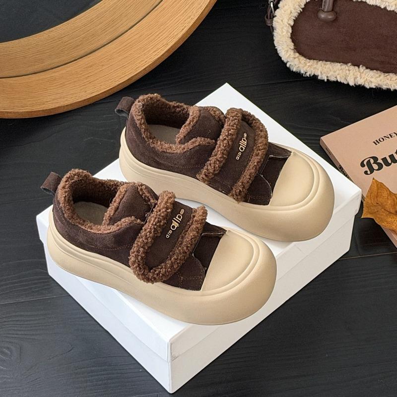 Leather snow boots women's winter new round head Velcro thickened warm platform casual cotton shoes tide