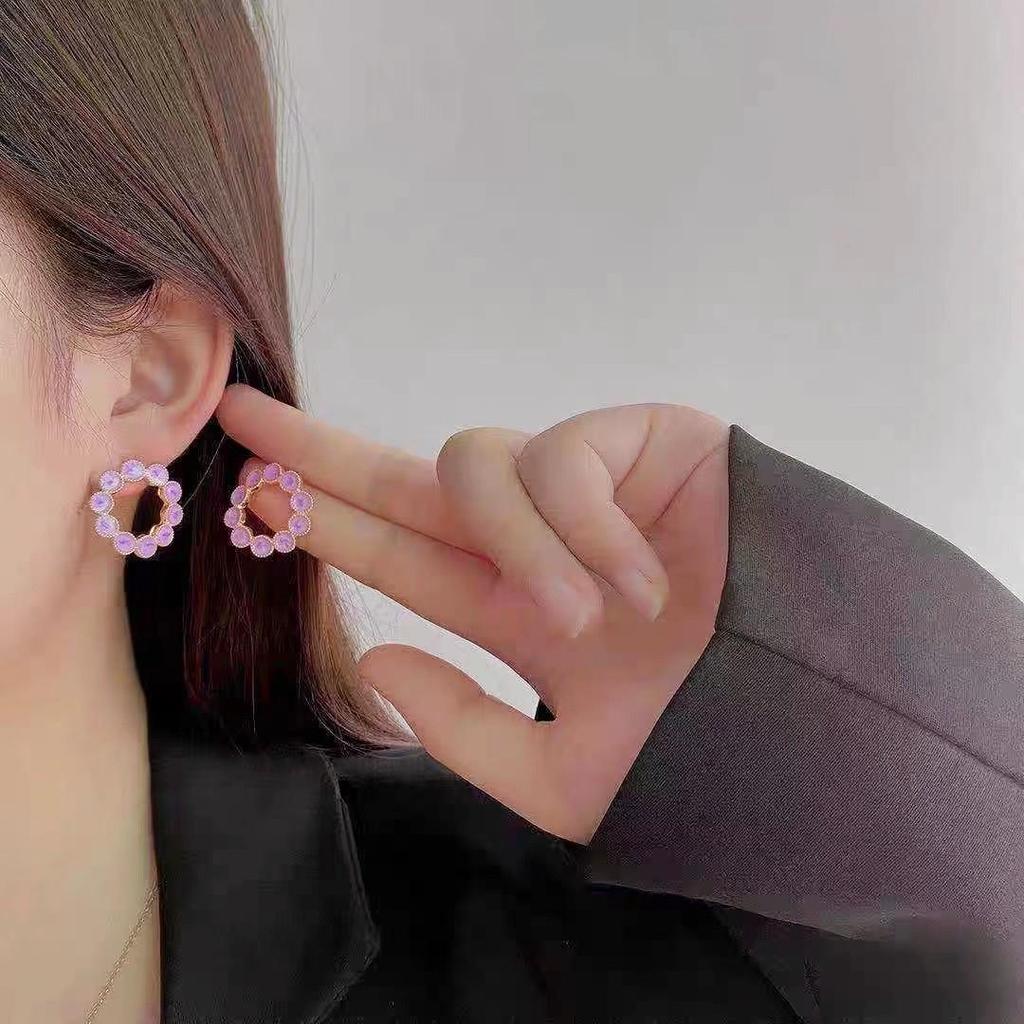 S925 Silver Needle Pink Purple Round Stud Earrings: High-End Spring 2023 Jewelry Trend for Women