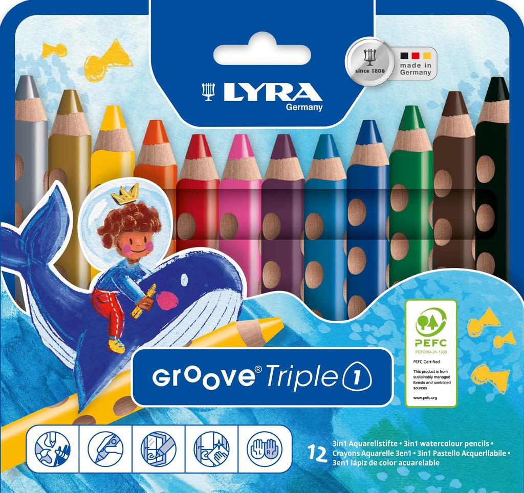 LYRA Stationery Colored Triangle Grip Watercolor Beautiful Groove Triple Set Pencils, Crayons, Pencils, Colors, One, 12-Color