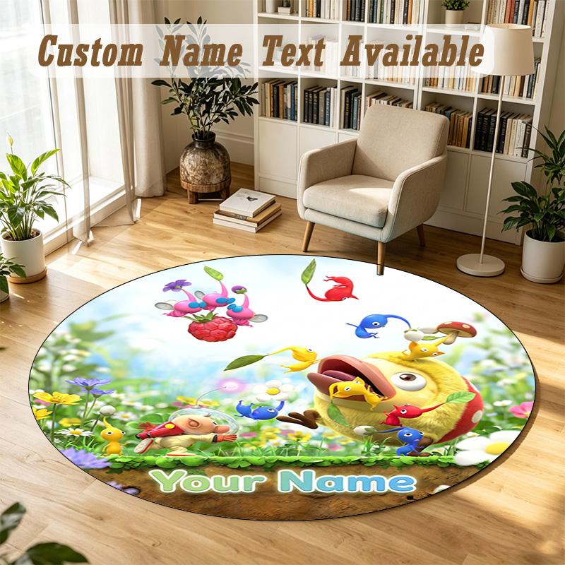 Pikmin Personalized Round Rug Support Custom Name, Soft Home Decor Mat