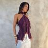 Purple Halter Mesh Ruffled Off Shoulder Sleeveless Sexy Women Casual Top