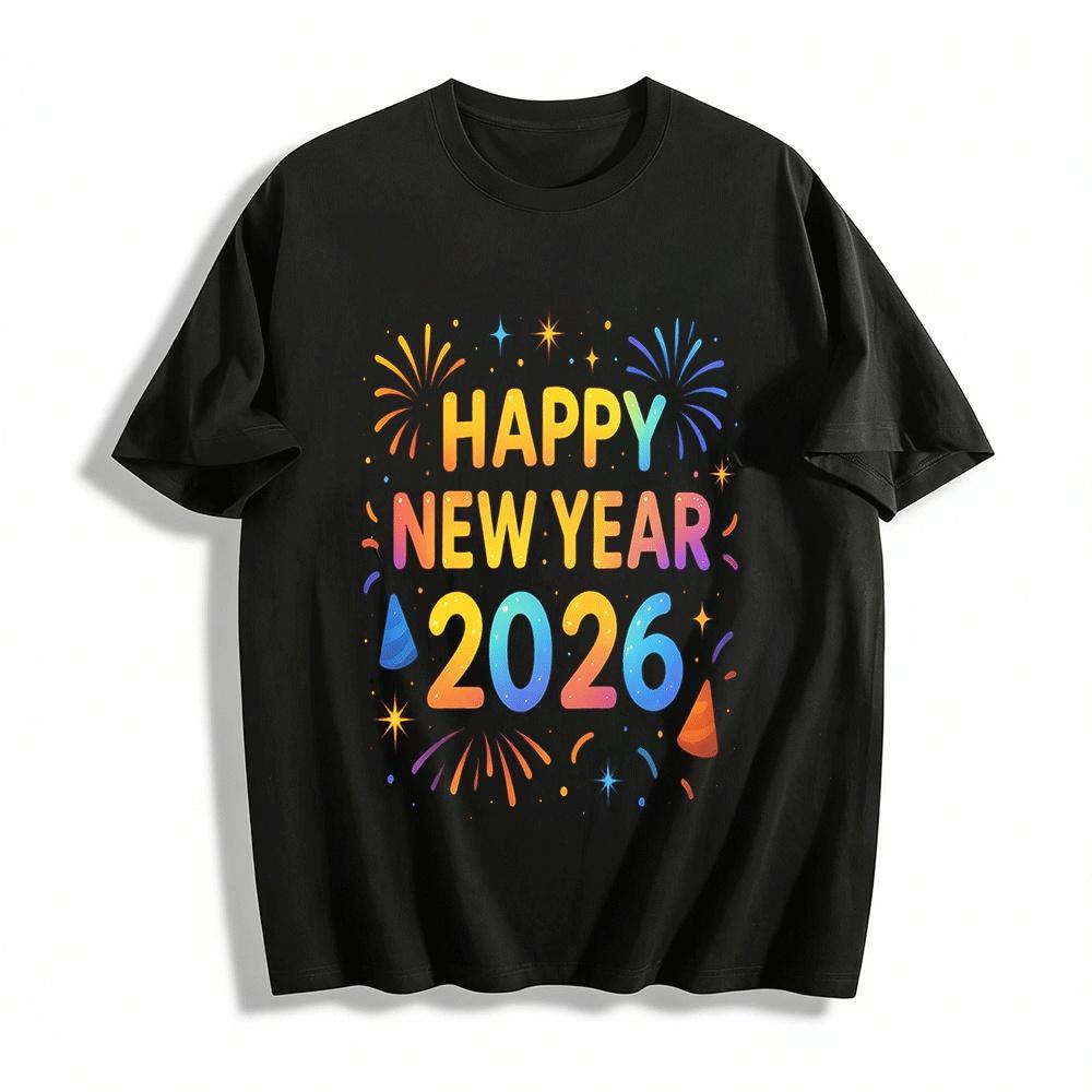 Happy New Year 2026 Gradient Firework Print Casual Loose Top Pure cotton T-shirt XXS