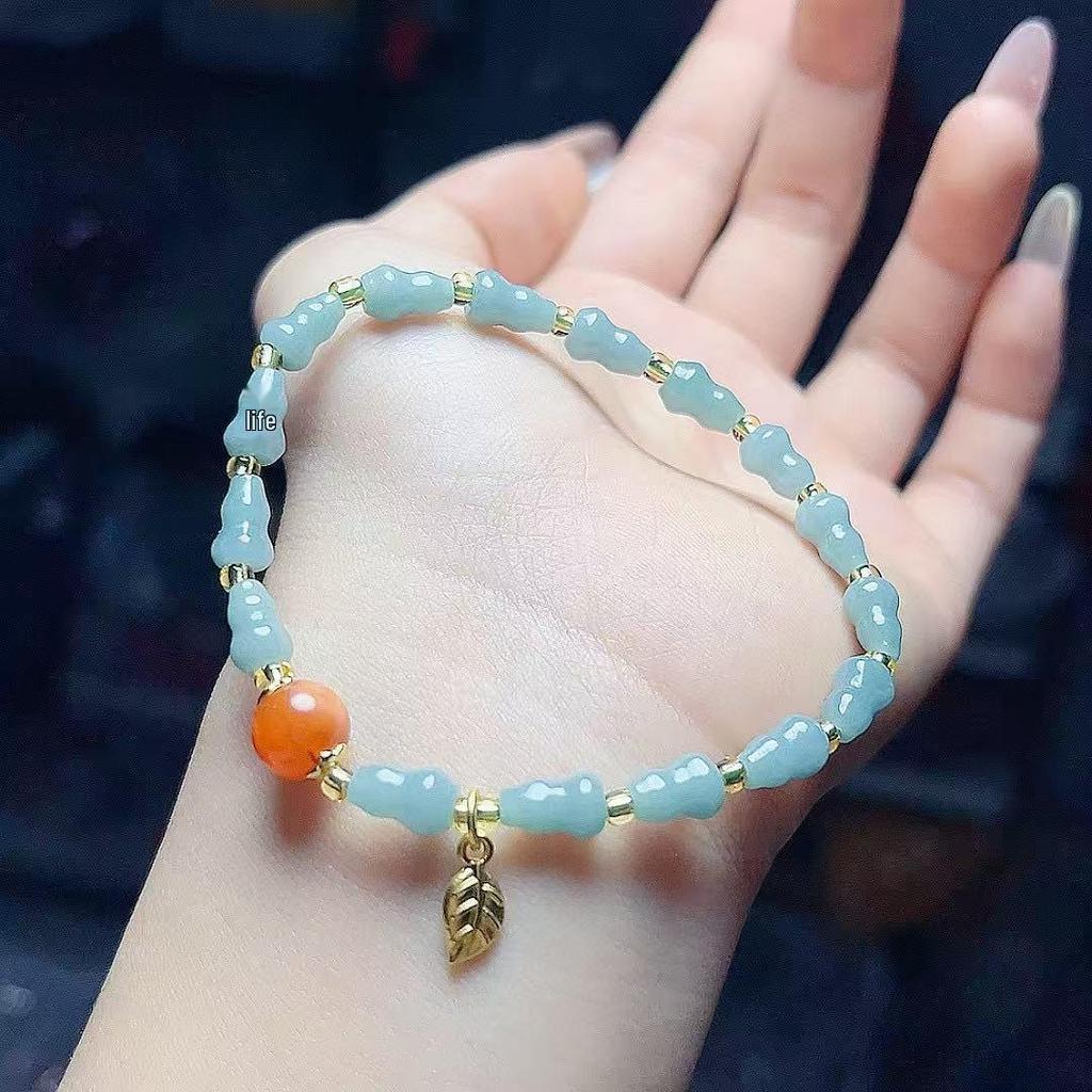 Exquisite Blue Water Jade Gourd & Leaf Bracelet: Versatile Women's Fashion Accessory