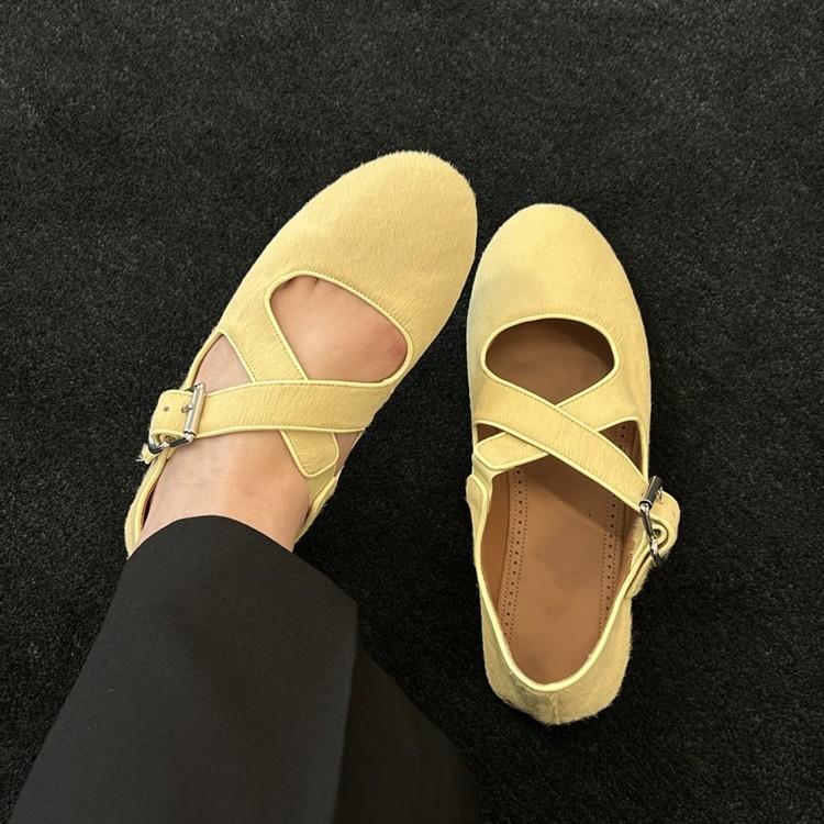 New French Mary Jane Shoes Women's Flat Ballet Buckle with Horsehair Cross Belt Shallow Mouth Single Shoes Ladyshoes