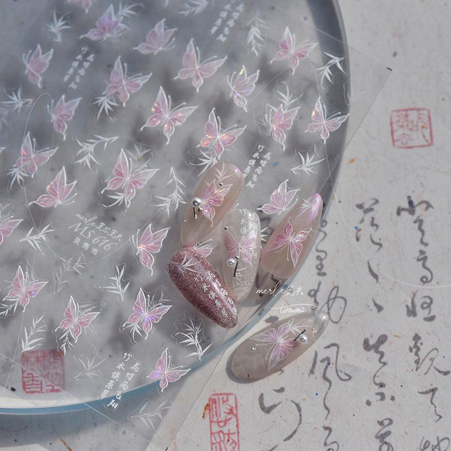 1 Piece 5D Retro Colorful Hand-painted Butterfly Nail Stickers Shell Light Butterfly Rhinestone Soft Relief Nail Art Stickers