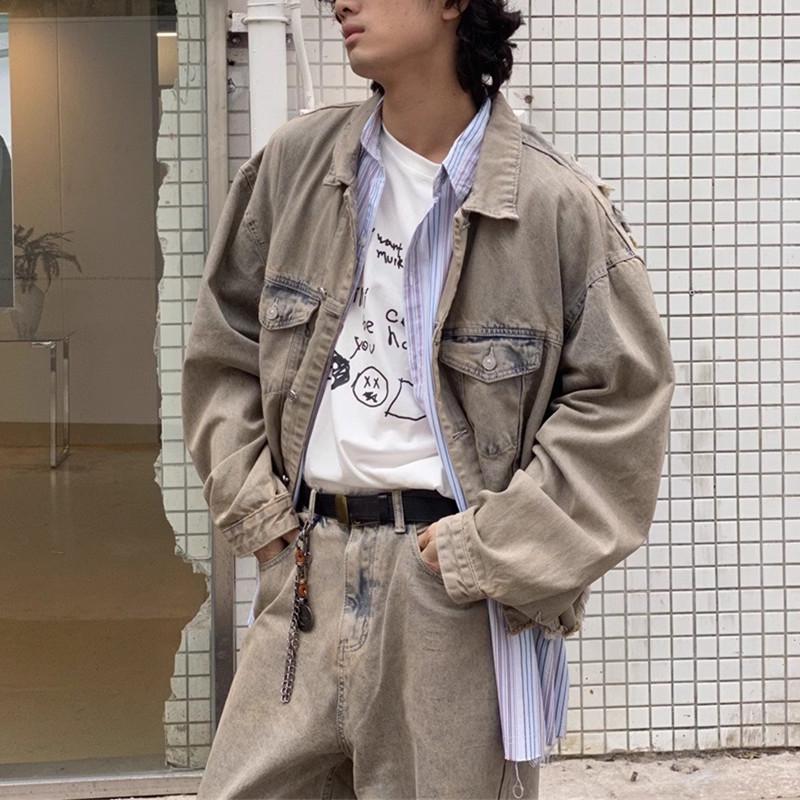 

Унисекс Джинсовая куртка грязно-желтого цвета с эффектом потертости - Ретро Панк Короткий стиль 3XL