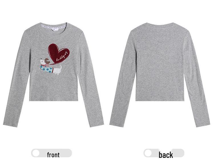 Women's Heart-Shaped Puppy Print Round Neck Long Sleeve T-shirt, Brushed for Spring, Autumn, Winter - Korean Style Fashion Base Layer.