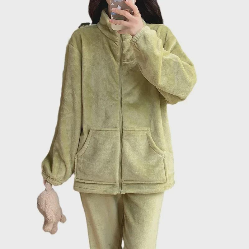 Women's Winter Warm Flannel Velvet Zipper Pajama Set