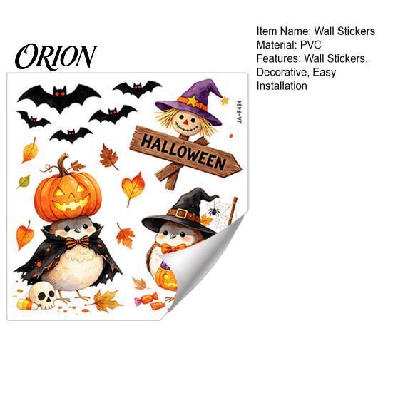 Cartoon Pumpkin Bat Decals Halloween Wall Sticker, Self Adhesive PVC Removable Decal, Wizard Stickers Birds Scarecrows Jack-o-lanterns Pattern
