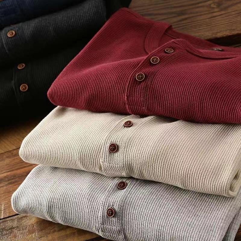 Slim Fit Men's Basic Tee Casual T-shirts Waffle Long Sleeve Shirts Thermal Solid Half Button Breathable Cotton Shirts