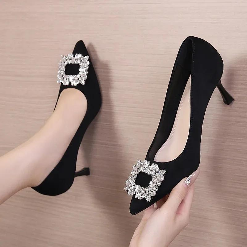 Women Shoes Fashion Rhinestone Square Buckle Bridesmaid Wedding Shoes Solid Flock Pointed Toe Stiletto Pumps French High Heels
