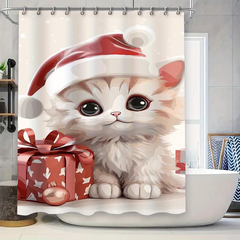 Tuniu Cute Kitten Christmas Bathroom Shower Curtain Festive Holiday Decor Fun Pet Lover Gift Set