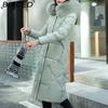 BITCED Winter Fashion Plus Size Cotton Coat for Women Long Waist-cinched Knee-length Thickened Coat with Large Fur Collar