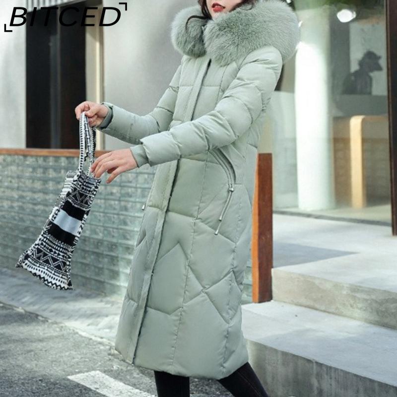 BITCED Winter Fashion Plus Size Cotton Coat for Women Long Waist-cinched Knee-length Thickened Coat with Large Fur Collar