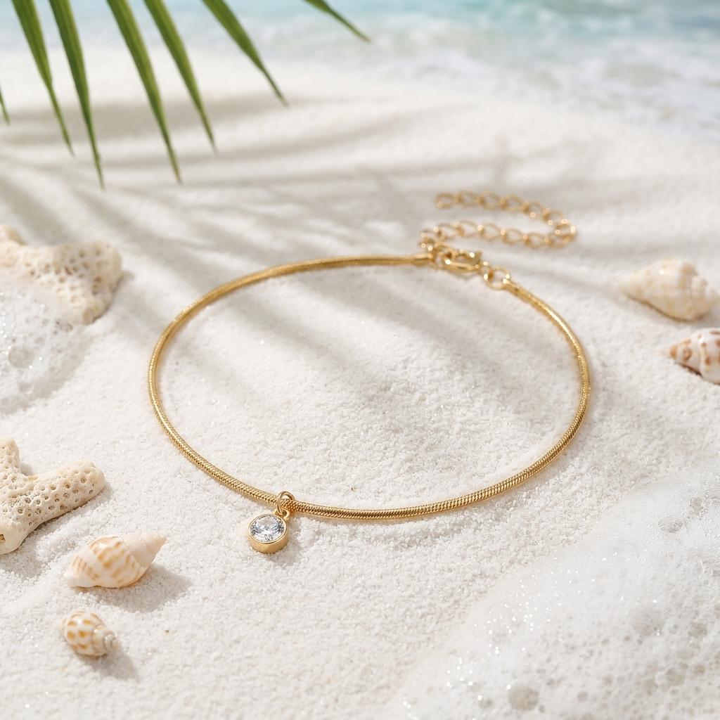 Minimalist Round Rhinestone Pendant Anklet for Women Thin Snake Bone Chain Bracelet On Foot Leg Summer Barefoot Sandals Jewelry