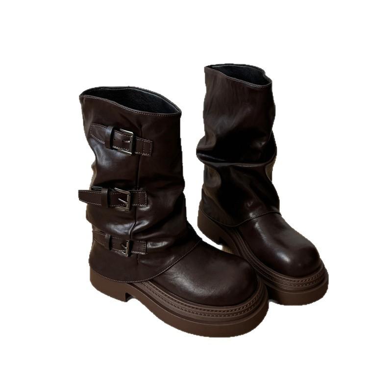Thick-soled belt buckle pleated medium boots women's 2025 autumn and summer new western cowboy short boots Martin boots pant tube boots