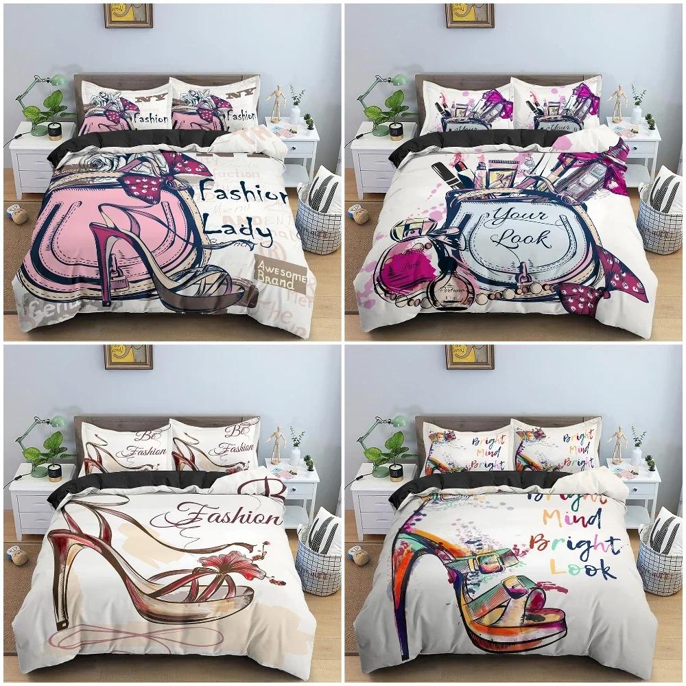 Fashion Woman Cosmetic Female High-heeled Shoes Comfortable Duvet Quilt Cover Pillowcase Bedding Set Children Bedroom Decoration