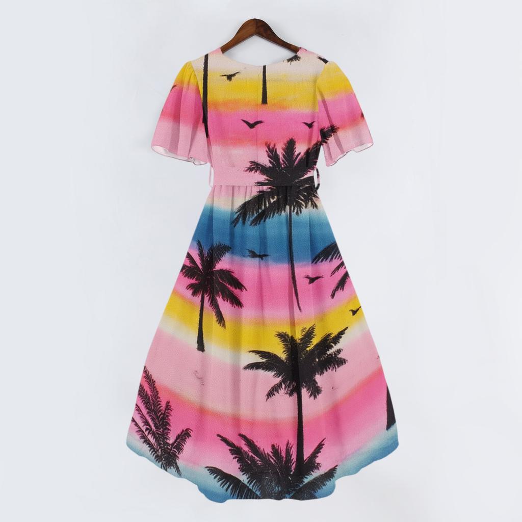 Women’s V Neck Short Sleeve Midi Dress with Tree Print Relaxed Fit Lightweight Fabric for Casual and Beach Wear