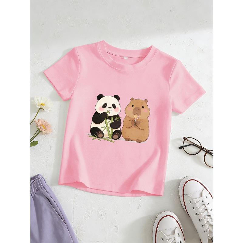 European Sizes Girls' Short-Sleeve Capybara Panda T-Shirt, Kids' Crew Neck Breathable Skin-Friendly Top, Korean Style Ins-Inspired Wrinkle-Resistant