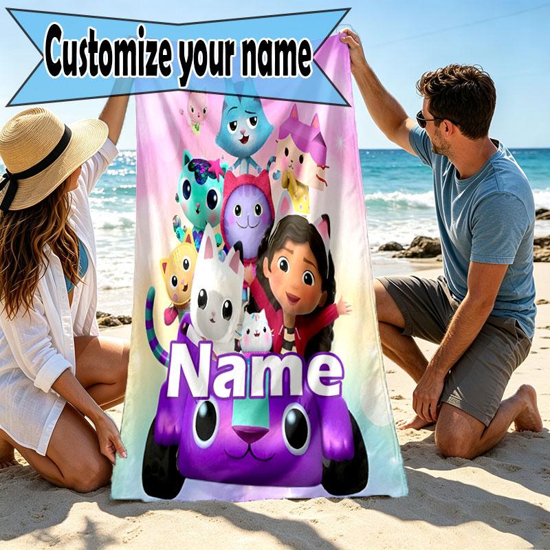 Custom Name Personalized Gabby's Dollhouse Print Beach Towel, for Trip Camping Beach Party Home Decor, Birthday Gift for Family & Friends