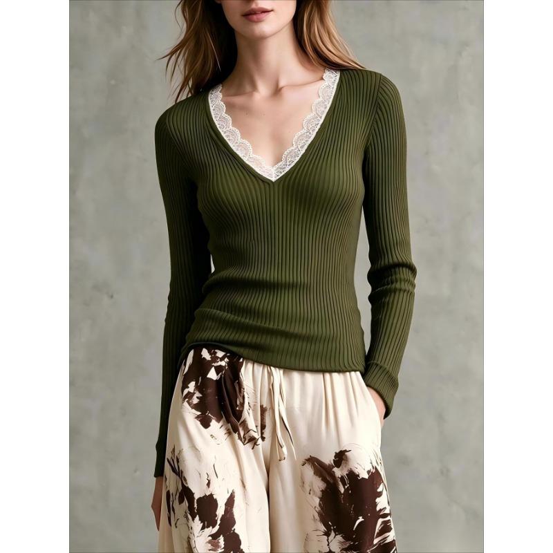 Women S Vintage Lace Splicing Knit Top V Neck Slim Fit Long Sleeve