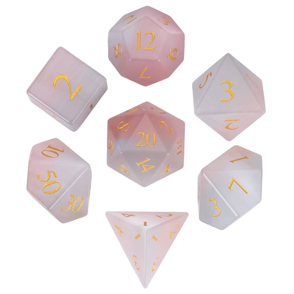 Cusdie Cat's Eye Stone DND Dice Handmade D4-D20 Polyhedral Gemstone Dice Set with Leather Box for Tabletop RPG Collection