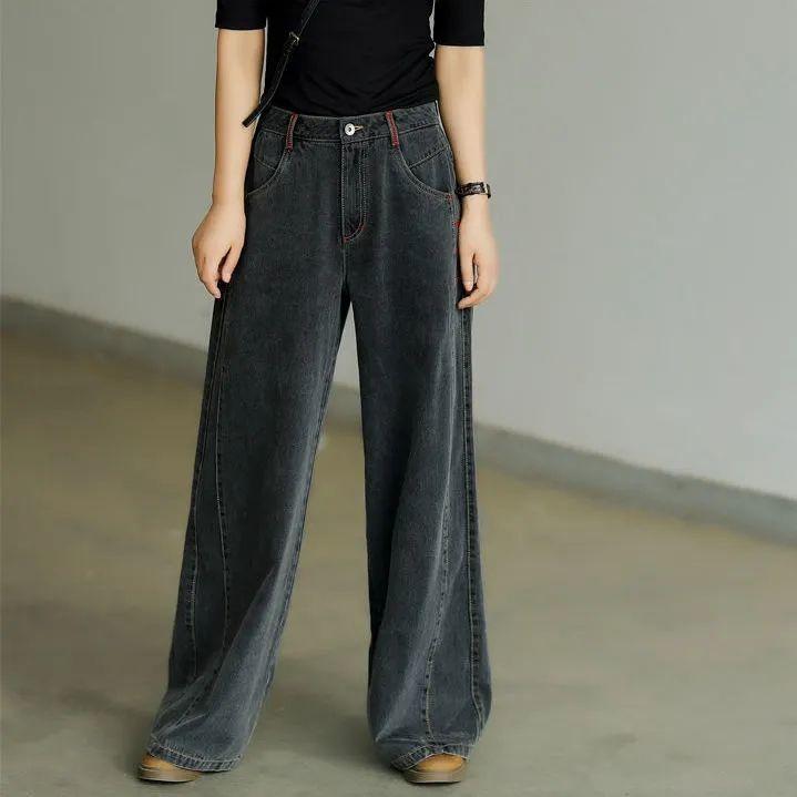 Jeans donna primavera autunno taglie forti Pantaloni dritti a gamba larga a vita alta Jeans denim larghi Pantaloni casual vintage
