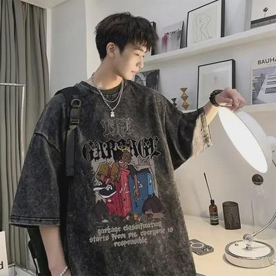 T-shirt Hip-Hop Rétro Lavé High Street Européen & Américain - Été Homme Coton Poids Lourd Manches Courtes