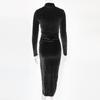 2025 Spring Autumn Women Solid Color Velvet Long Sleeve Ruched Midi Dress Side Slit Bodycon Sexy Streetwear Party Elegant Club Dresses