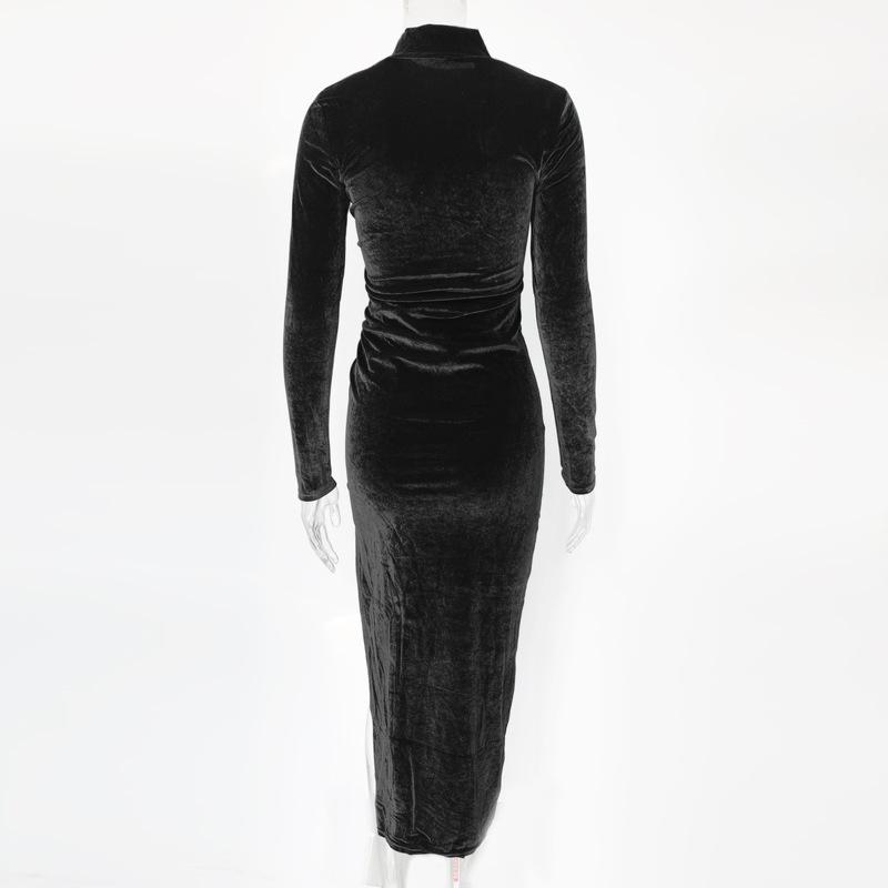 2025 frühling Herbst Frauen Einfarbig Samt Langarm Geraffte Midi Kleid Seite Schlitzte Bodycon Sexy Streetwear Party Elegante Club Kleider