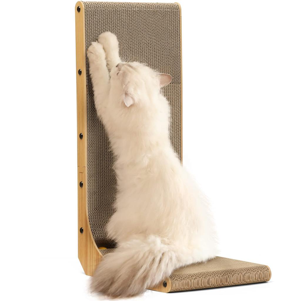 FUKUMARU L-Shaped Cat Scratcher, Cat Scratching Post, Cardboard with Toy, 16.5" x 11.5" x 25.7" (42.2 x 29.2 x 68.1 cm)