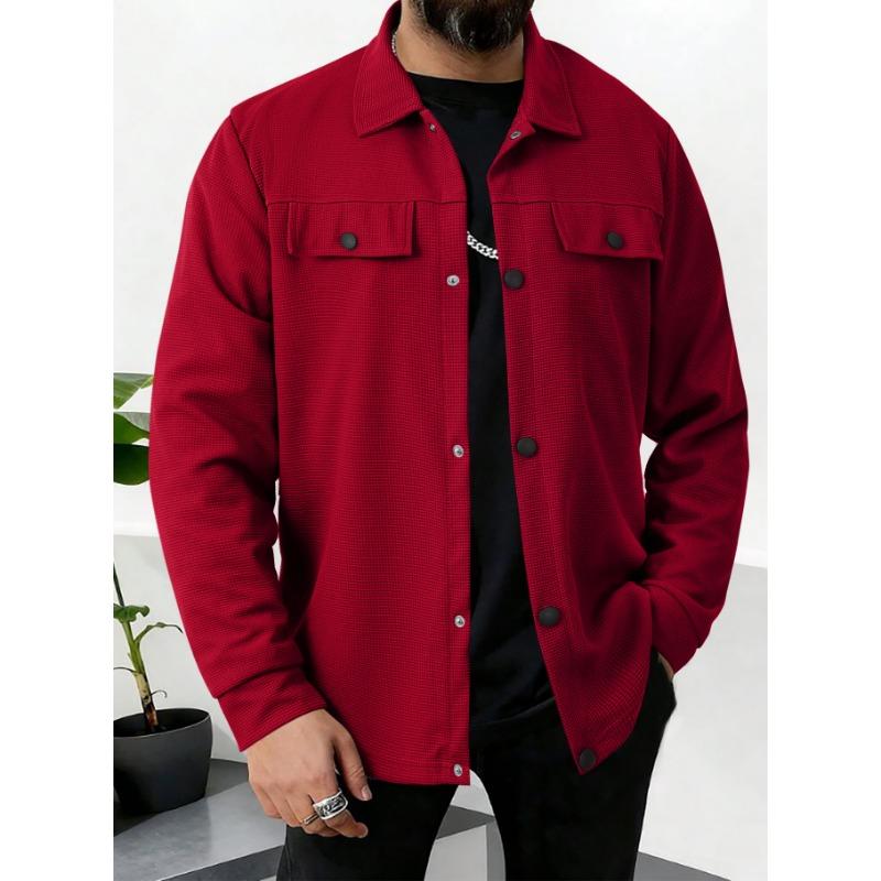 New Casual Men's Autumn Waffle Solid Color Top Pocket Long Sleeve Jacket Jacket