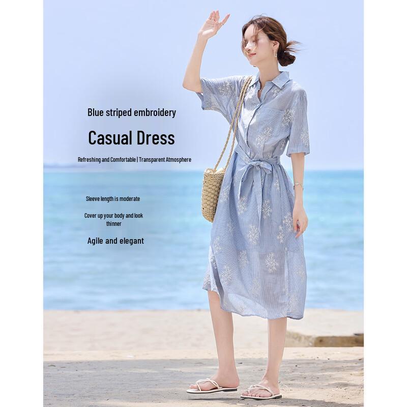 Women s Embroidered Stripe Short Sleeve Midi Dress XL синий