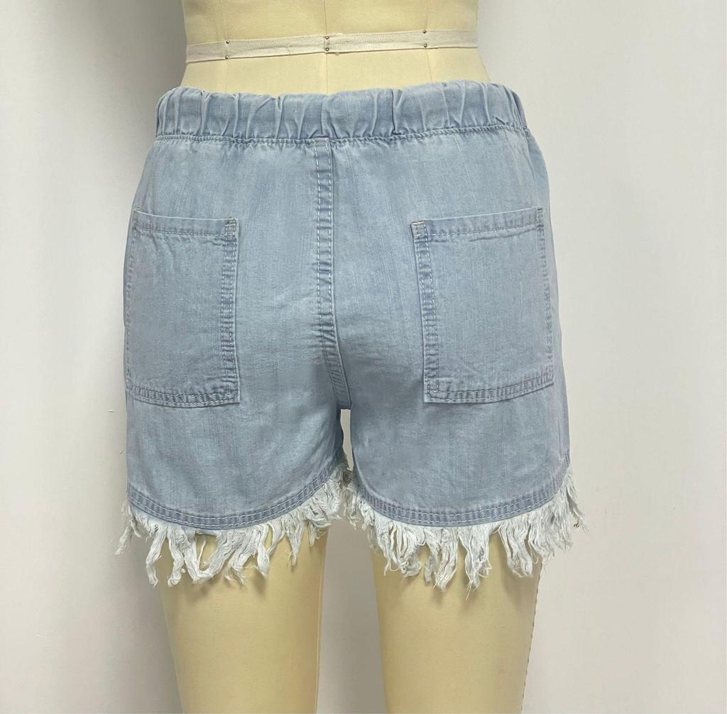 European & American High-Waist Elastic Tassel Denim Shorts for Women