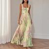 Women's Square Neck Sleeveless Floral Print Pleated Maxi Dress Elegant Backless A Line Long Dress For Wedding Guest Party Summer